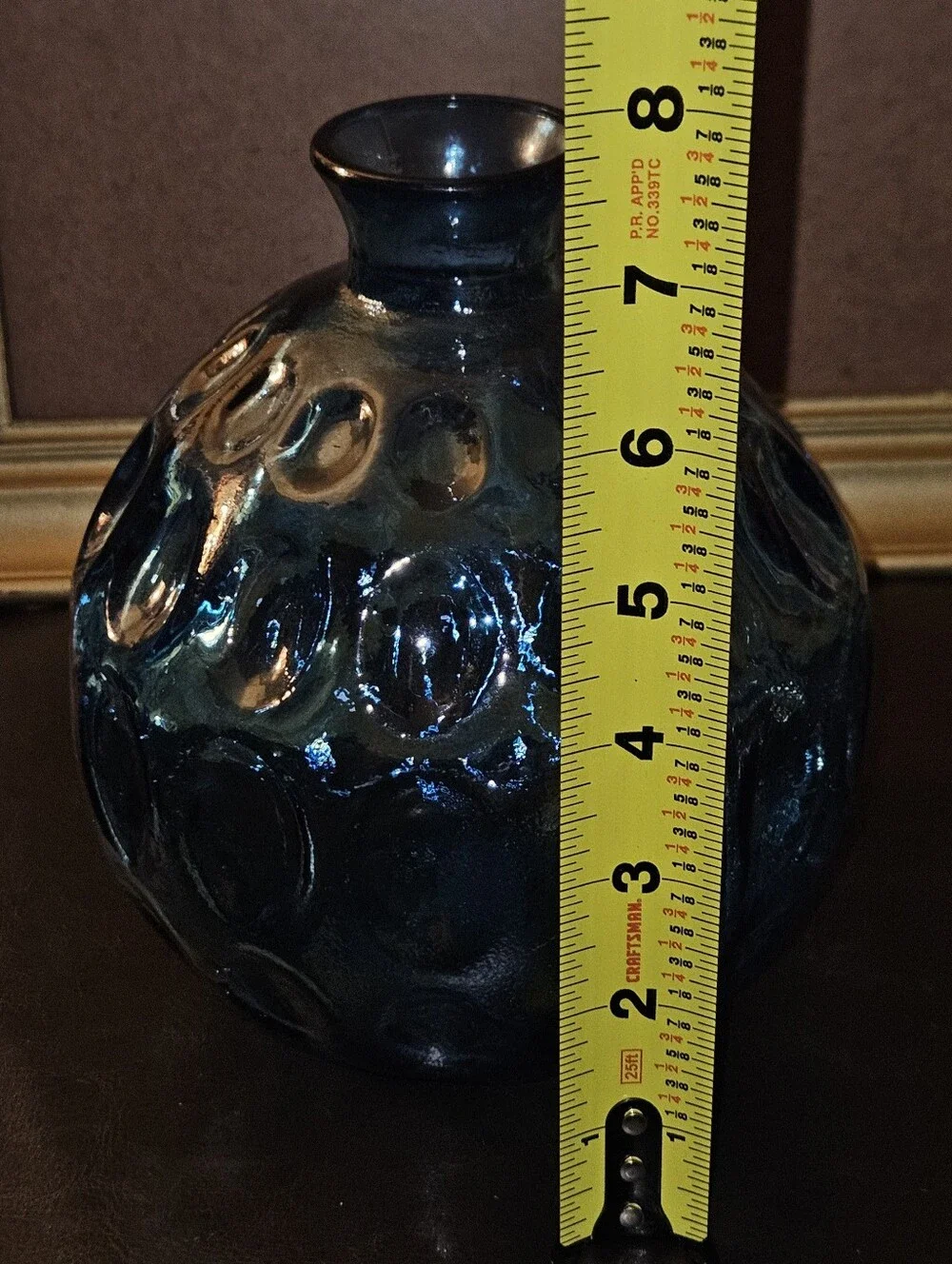 Vintage Sapphire Blue Thumb Print Glass Round Flower Vase